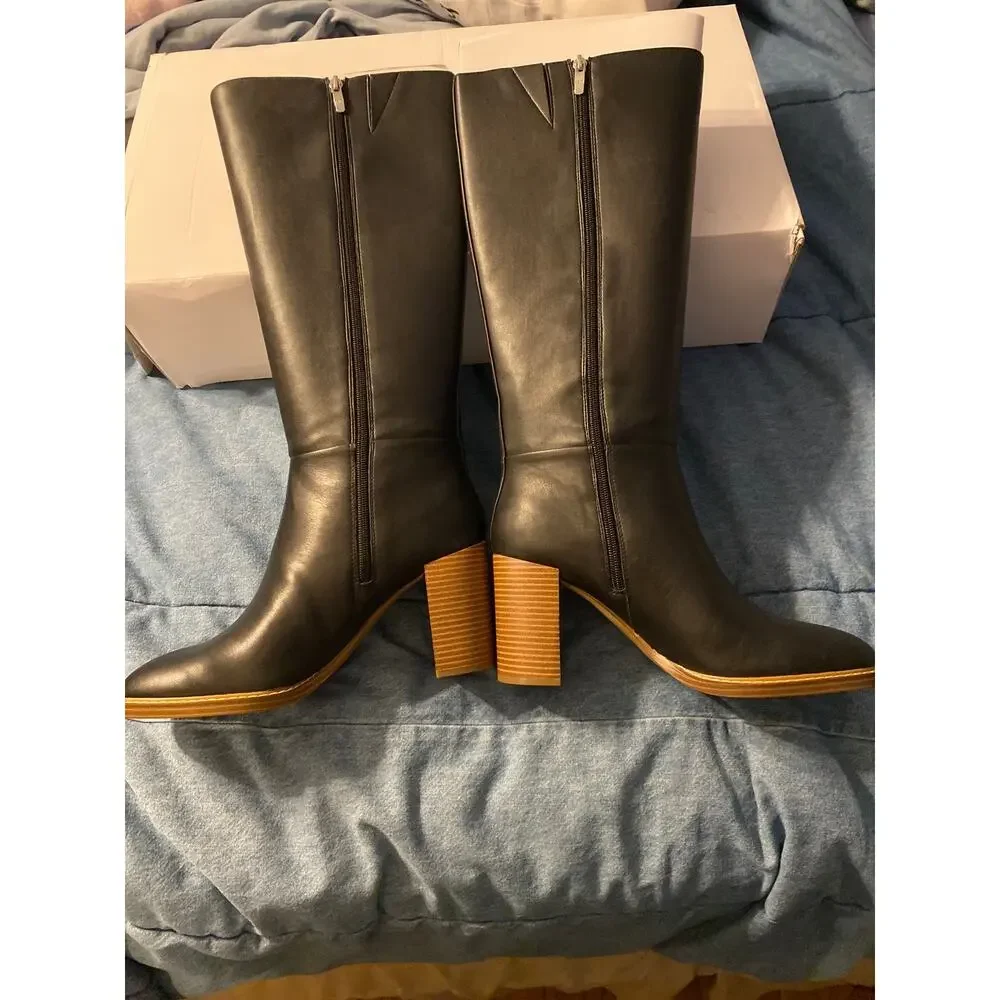 Marc Fisher Gabey Black Leather Knee High Boots Size 10M Block Heel Zip-Up New